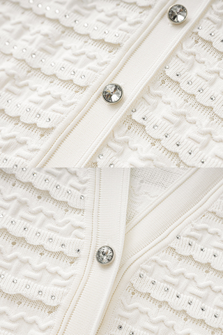 Long Sleeve Textured Knit Long Dress with Button Front & Rhinestone Embellishments