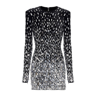 Long Sleeve Beaded Sequin Velvet Mini Dress