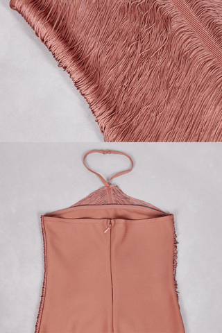 Luxury Halter Neck Backless Tassel Fringe Long Bandage Dress with High Slit