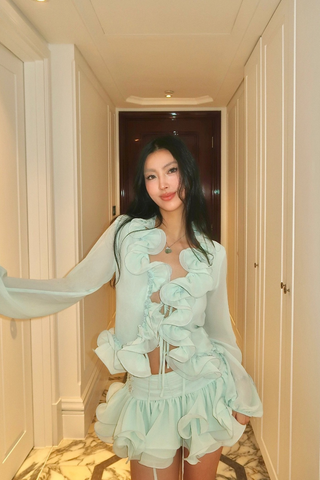 Mint Fantasy Ruffle Chiffon Set – Sheer Top & Skirted Shorts