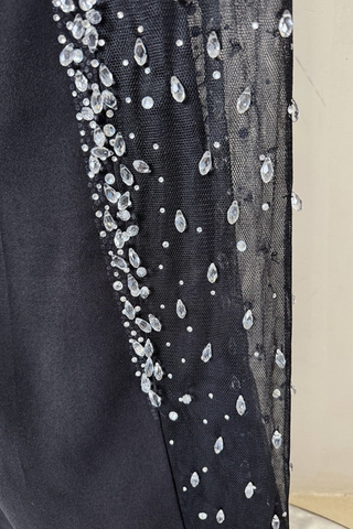 Off-Shoulder Long Sleeve Long Dress with Crystal-Embellished Sheer Panel