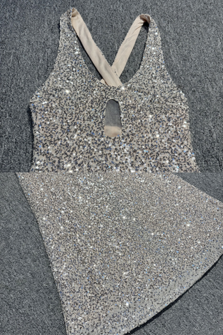 Luxury Silver Sequin Long Dress with Keyhole Front and Cross-Back Detail