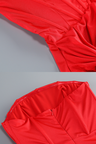 Luxury Strapless Satin Evening Long Dress with Boned Corset and High Slit Twist Draping