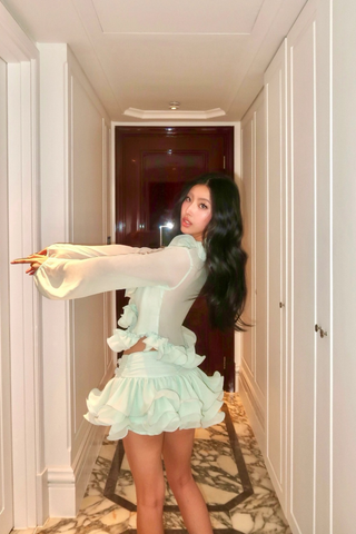 Mint Fantasy Ruffle Chiffon Set – Sheer Top & Skirted Shorts