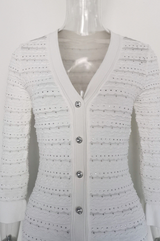 Long Sleeve Textured Knit Long Dress with Button Front & Rhinestone Embellishments