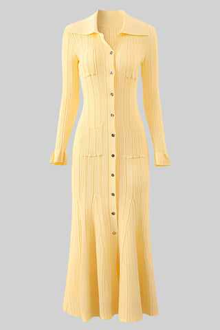 Long Sleeve Ribbed Knit Long Dress with Collar Button Front and Pocket Detail