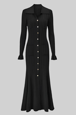 Long Sleeve Ribbed Knit Long Dress with Collar Button Front and Pocket Detail