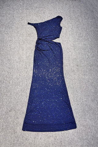 Luxe One-Shoulder Long Mesh Crystal Dress