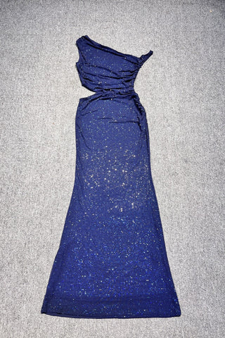 Luxe One-Shoulder Long Mesh Crystal Dress