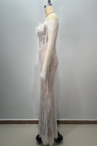 Off-Shoulder Long Sleeve Lace Mermaid Bridal Dress with 3D Floral Appliqué