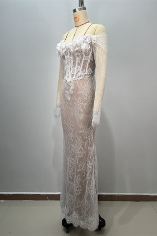 Off-Shoulder Long Sleeve Lace Mermaid Bridal Dress with 3D Floral Appliqué