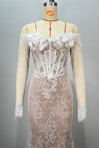 Off-Shoulder Long Sleeve Lace Mermaid Bridal Dress with 3D Floral Appliqué