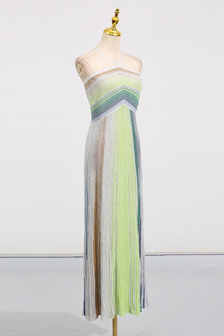 Halter Neck Contrast Stripe Pleated Long Dress