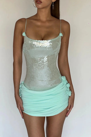 Mint Green Sequin Mini Dress with Floral Appliqué and Corset Lace-Up Back