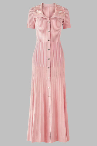 Short Sleeve Pearl Collar Ribbed Knit Midi Dress – Button Front