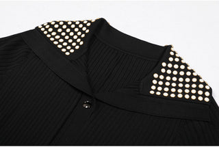 Short Sleeve Pearl Collar Ribbed Knit Midi Dress – Button Front