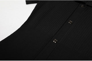 Short Sleeve Pearl Collar Ribbed Knit Midi Dress – Button Front