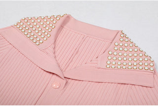 Short Sleeve Pearl Collar Ribbed Knit Midi Dress – Button Front