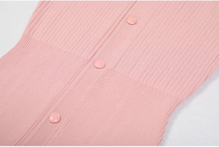 Short Sleeve Pearl Collar Ribbed Knit Midi Dress – Button Front