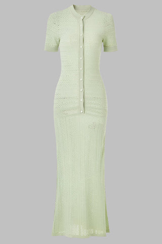 Mint Knit Midi Dress – Short Sleeve with Pearl Button Detail
