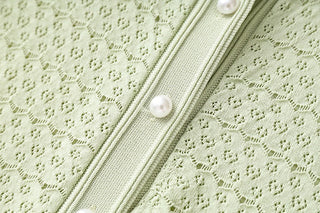 Mint Knit Midi Dress – Short Sleeve with Pearl Button Detail