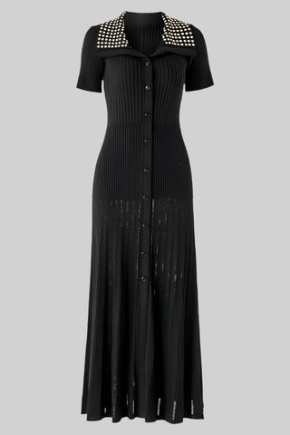Short Sleeve Pearl Collar Ribbed Knit Midi Dress – Button Front
