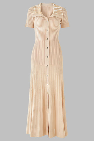 Short Sleeve Pearl Collar Ribbed Knit Midi Dress – Button Front