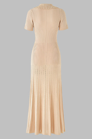 Short Sleeve Pearl Collar Ribbed Knit Midi Dress – Button Front