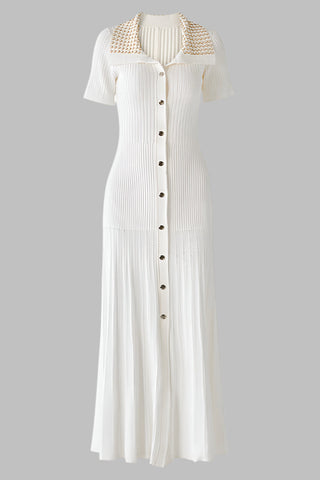 Short Sleeve Pearl Collar Ribbed Knit Midi Dress – Button Front