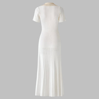 Short Sleeve Pearl Collar Ribbed Knit Midi Dress – Button Front