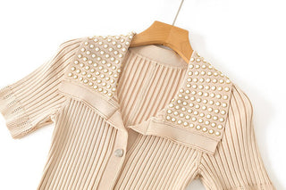 Short Sleeve Pearl Collar Ribbed Knit Midi Dress – Button Front