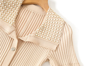 Short Sleeve Pearl Collar Ribbed Knit Midi Dress – Button Front