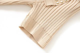 Short Sleeve Pearl Collar Ribbed Knit Midi Dress – Button Front