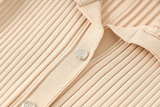 Short Sleeve Pearl Collar Ribbed Knit Midi Dress – Button Front
