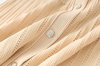 Short Sleeve Pearl Collar Ribbed Knit Midi Dress – Button Front