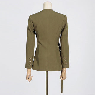 Long Sleeve V-Neck Suit Jacket with Belt