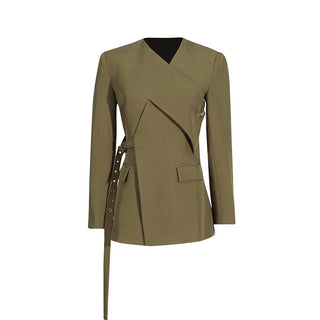 Long Sleeve V-Neck Suit Jacket with Belt