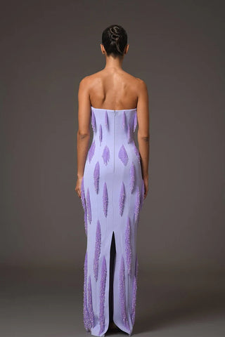 Strapless Lavender Beaded Long Crepe Dress with Fringe Embellishments