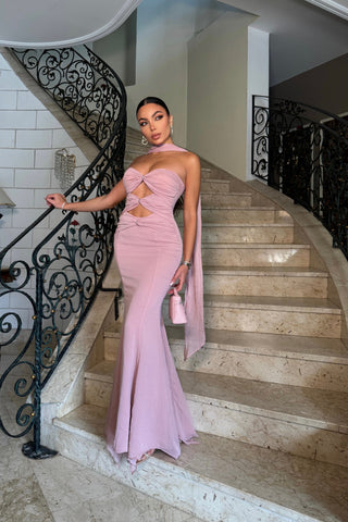 Blush Halter Cutout Maxi Dress – Sheer Chiffon with Crystal Rings