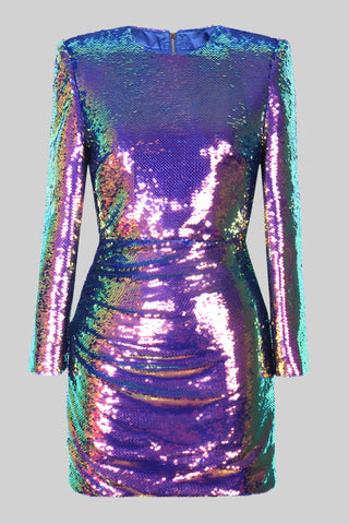 Long Sleeve Shiny Glow Sequin Mini Dress