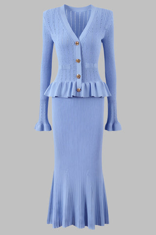 Knitted Long Midi Dress – Button-Up, Peplum Waist, Flared Long Sleeves