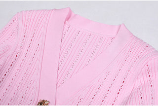 Knitted Long Midi Dress – Button-Up, Peplum Waist, Flared Long Sleeves