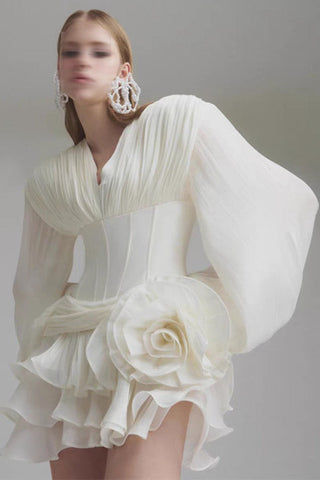 V-Neck Puff Long Sleeve Mini Dress with Corset Waist and Ruffle Skirt