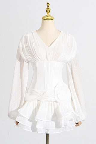 V-Neck Puff Long Sleeve Mini Dress with Corset Waist and Ruffle Skirt