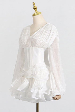 V-Neck Puff Long Sleeve Mini Dress with Corset Waist and Ruffle Skirt