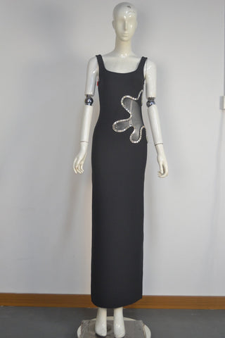 Sleeveless Bandage Maxi Dress with Rhinestone Mesh Cut-Out