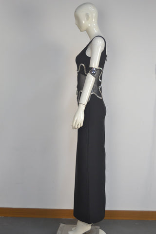 Sleeveless Bandage Maxi Dress with Rhinestone Mesh Cut-Out