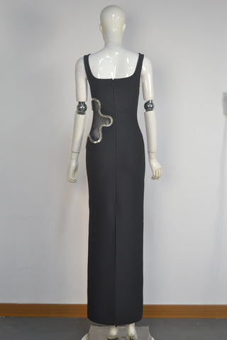 Sleeveless Bandage Maxi Dress with Rhinestone Mesh Cut-Out