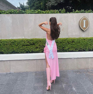 Lily Pink Backless Flower Long Dress