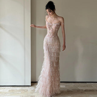 Embellished Floral Lace Long Dress with Beaded Fringe Detail